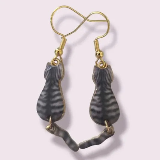 Gray Tabby Kitty Cat Dangling Earrings