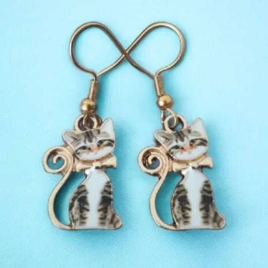 Kitty Cat Tabby Small Bow Dangling Hook Earrings