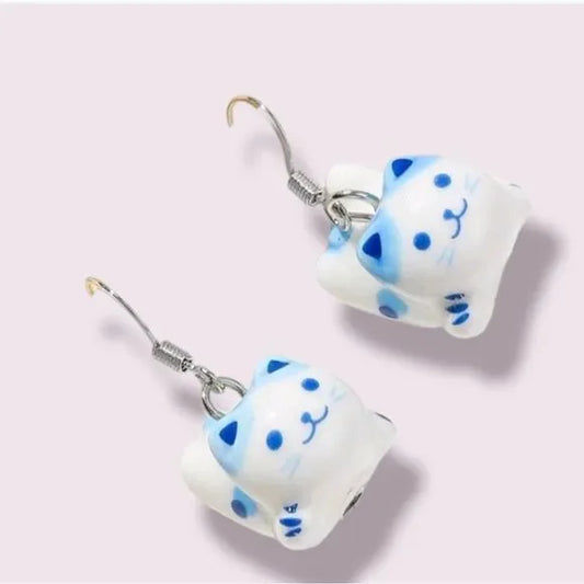 Cat Dangling Porcelain Charm Hook Earrings