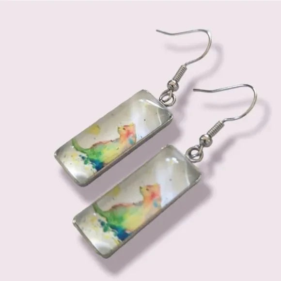 Colorful Cat Art Dangle Earrings