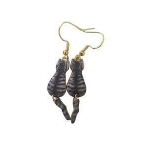 Gray Tabby Kitty Cat Dangling Earrings
