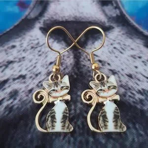 Kitty Cat Tabby Small Bow Dangling Hook Earrings