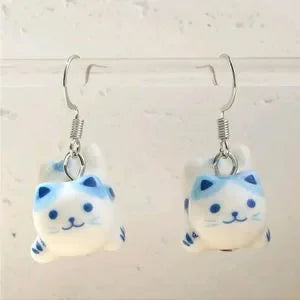 Cat Dangling Porcelain Charm Hook Earrings