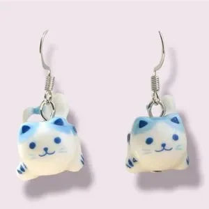 Cat Dangling Porcelain Charm Hook Earrings