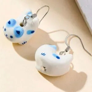 Cat Dangling Porcelain Charm Hook Earrings